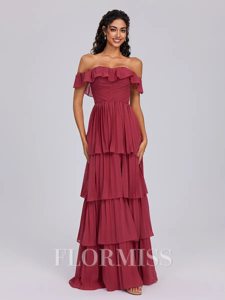 A-line Off-the-Shoulder Cascading Ruffles Ankle-Length Chiffon Bridesmaid Dress