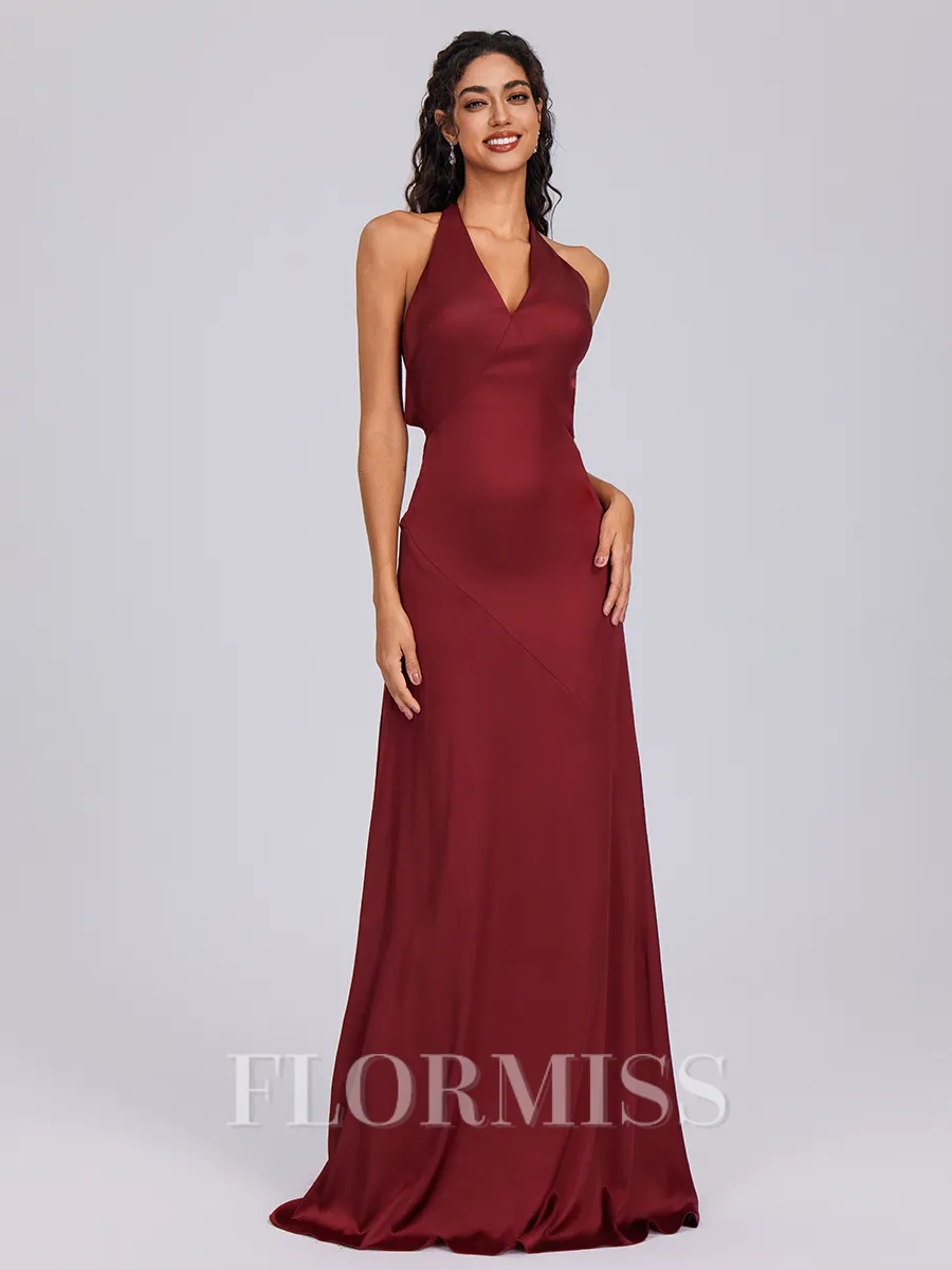 A-line V-neck Floor-Length Silk Like Satin Bridesmaid Dress