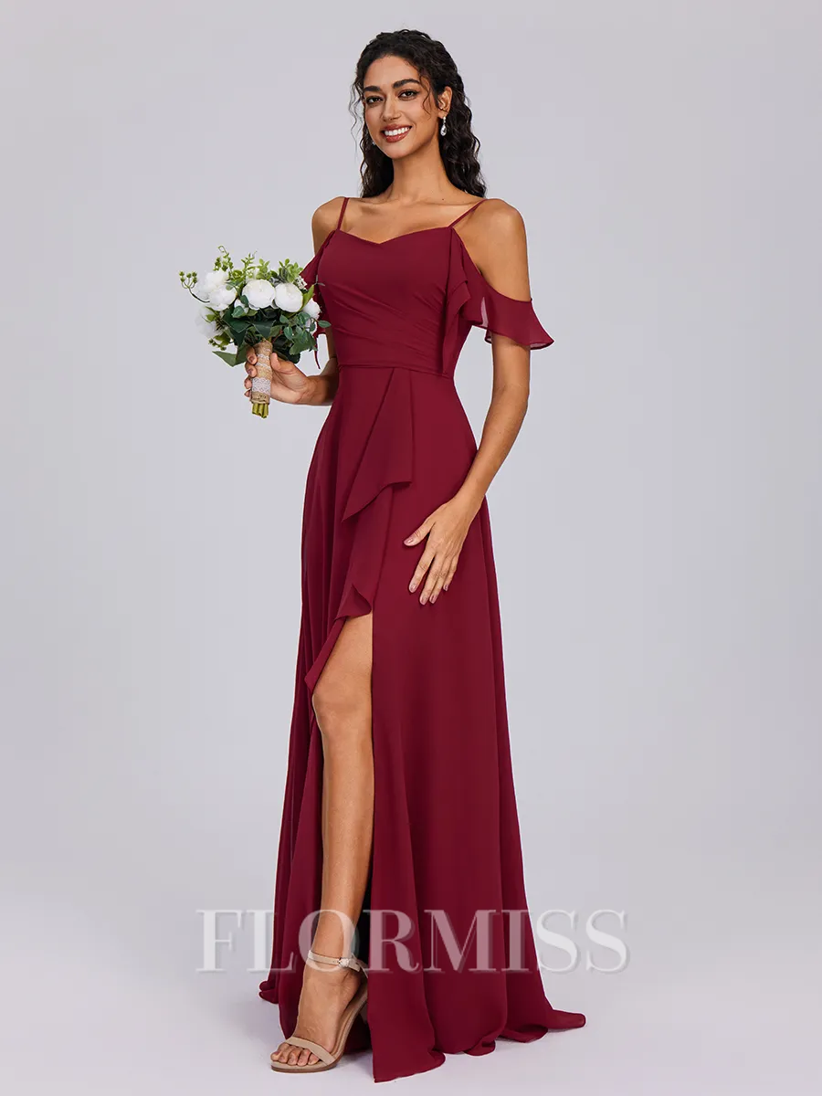 A-line Cold Shoulder Ruffles Floor-Length Chiffon Bridesmaid Dress