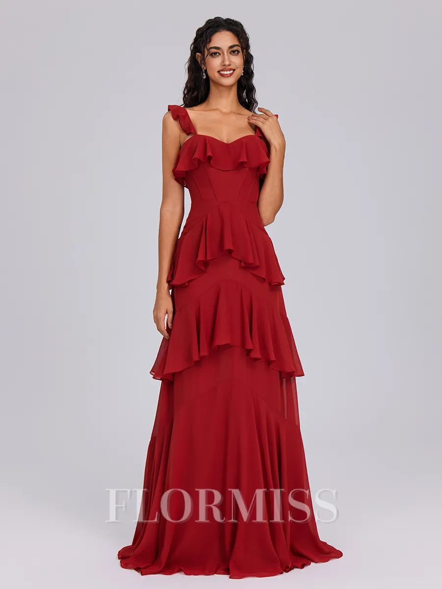 A-line Straps Cascading Ruffles Floor-Length Chiffon Bridesmaid Dress