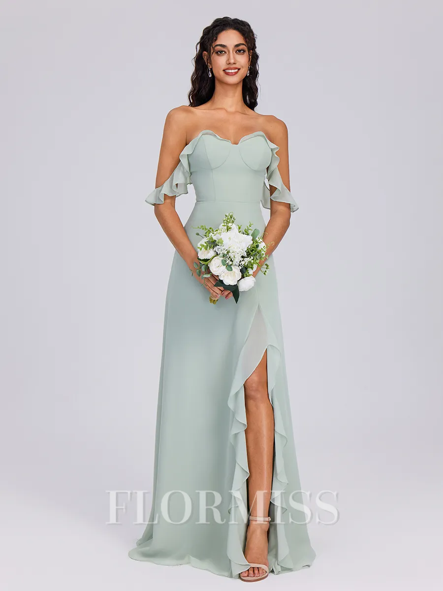A-line Off-the-Shoulder Ruffles Floor-Length Chiffon Bridesmaid Dress