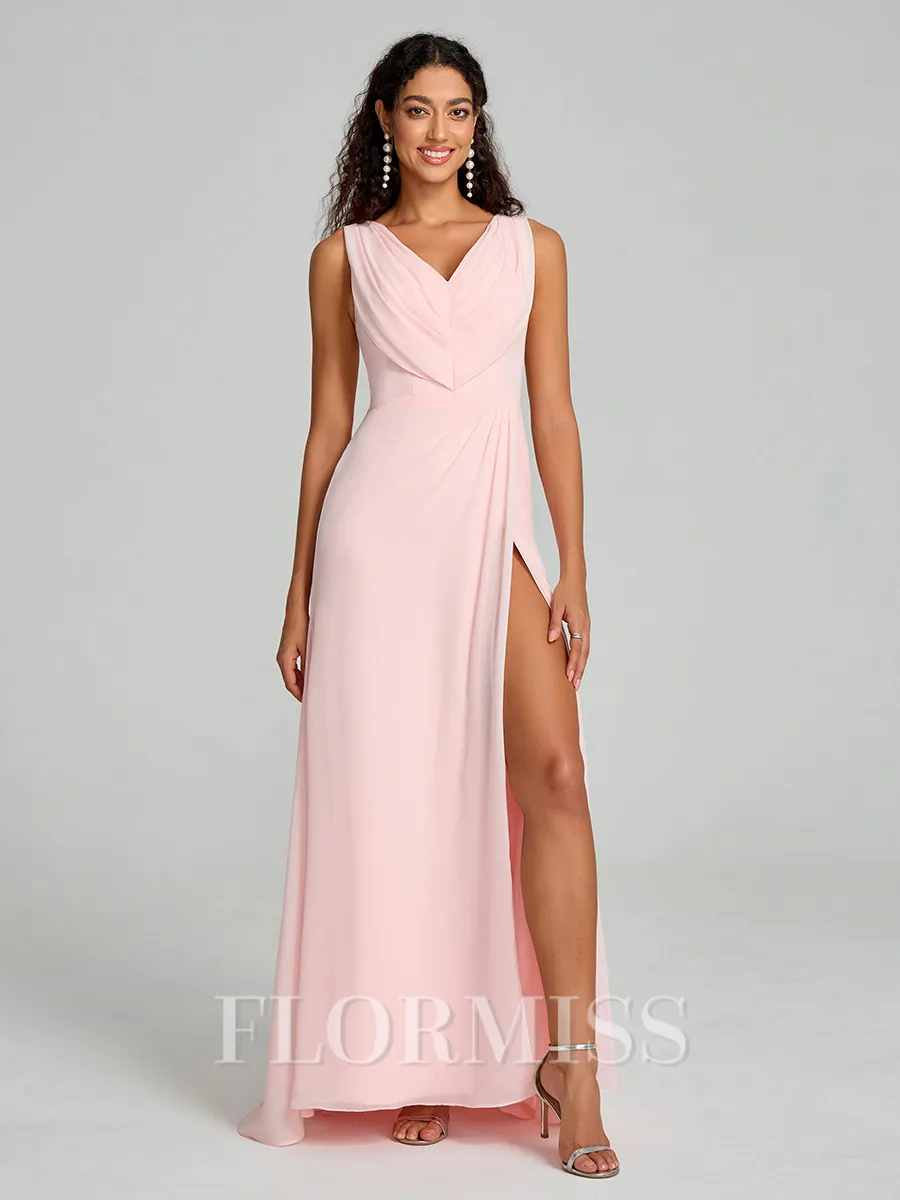 A-Line/Princess V-neck Sweep/Brush Train Sleeveless Chiffon Bridesmaid Dress