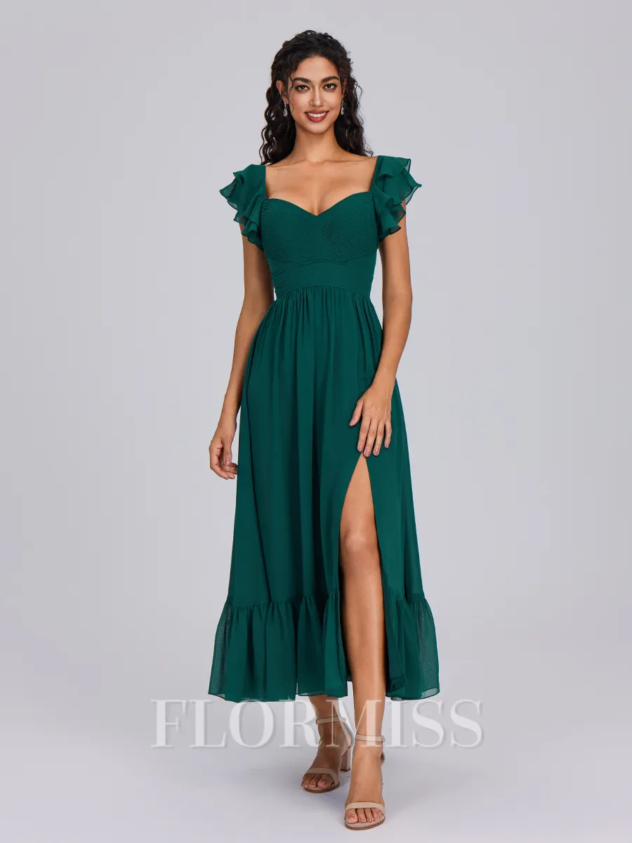 A-line V-neck Ruffles Tea-Length Chiffon Bridesmaid Dress