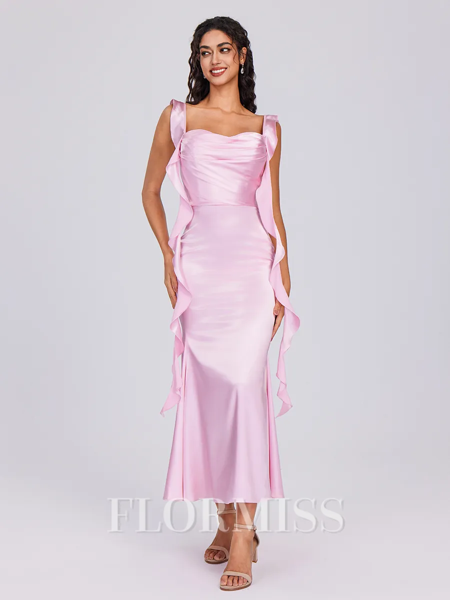 Sheath Straps Ruffles Ankle-Length Silk Like Satin Bridesmaid Dress