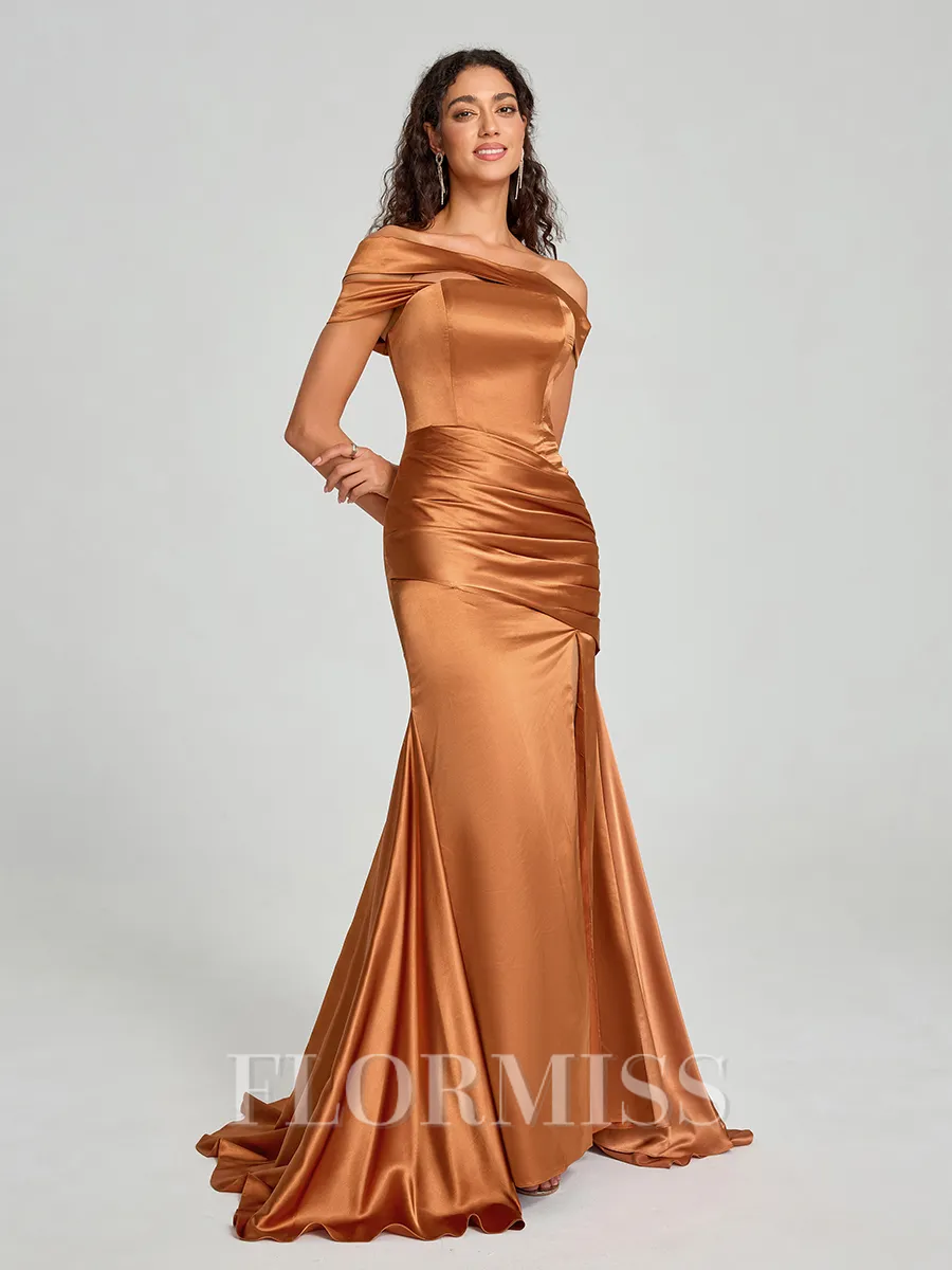 Sheath/Column Off-the-Shoulder Sweep/Brush Train Sleeveless Silk like Satin Bridesmaid Dress
