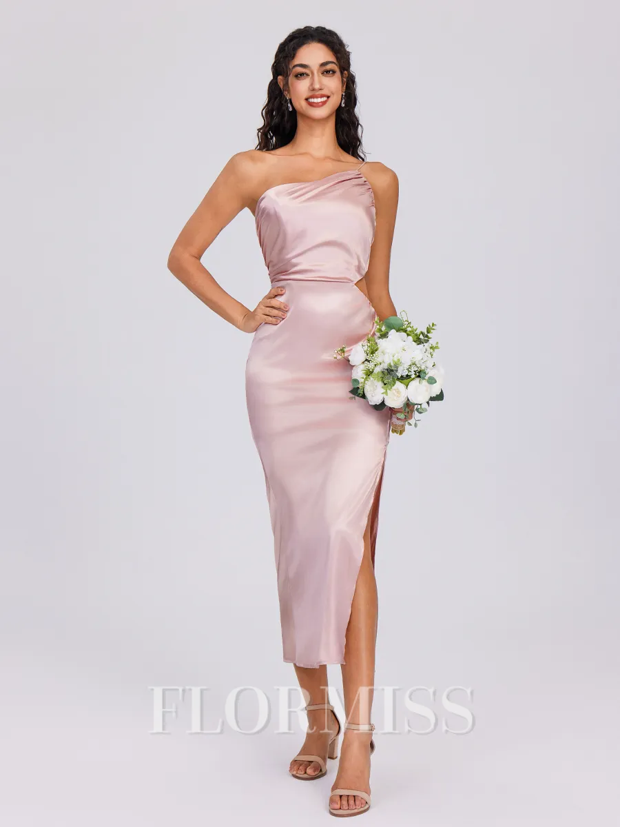 Sheath One-Shoulder Pleated Tea-Length Silk Like Satin Bridesmaid Dress