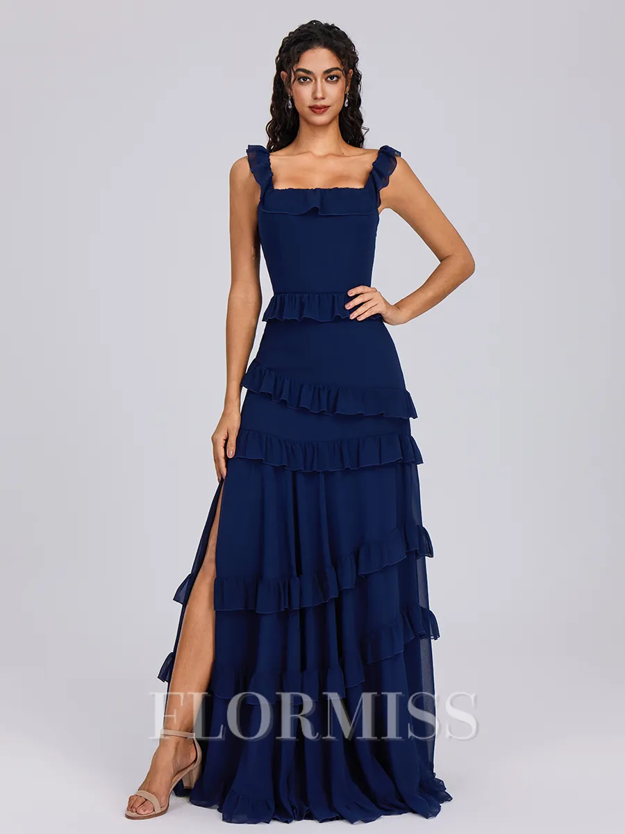 A-line Square Cascading Ruffles Floor-Length Bridesmaid Dress