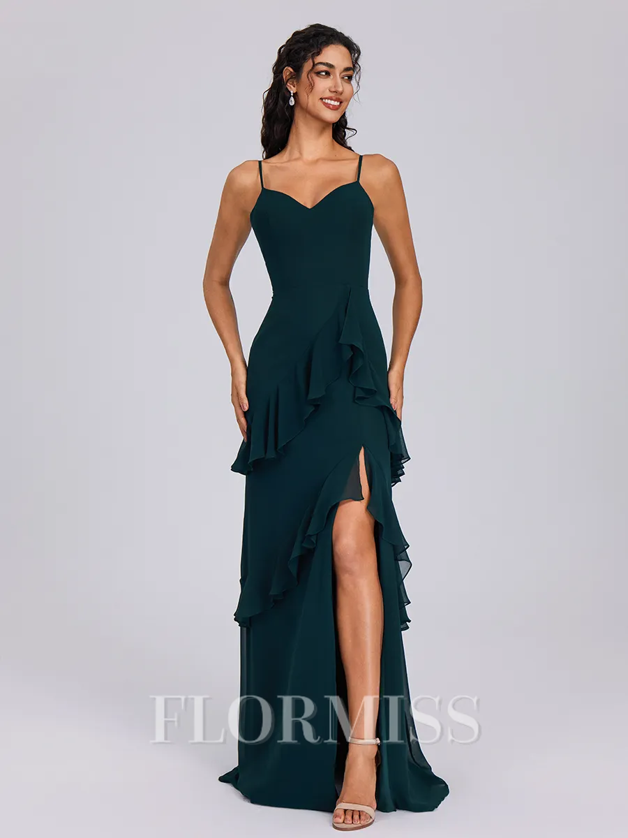 A-line V-neck Cascading Ruffles Floor-Length Chiffon Bridesmaid Dress