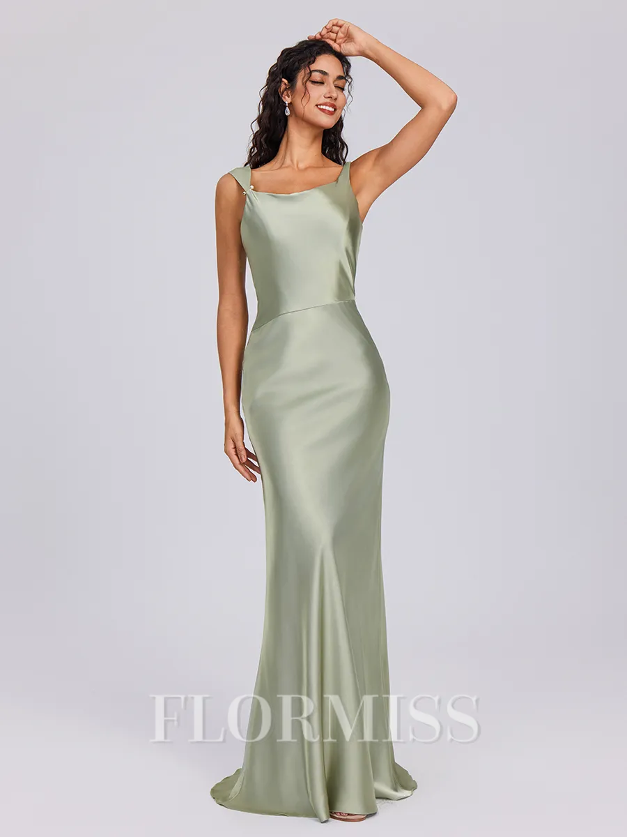 Sheath Scoop Floor-Length Silk Like Satin Bridesmaid Dress