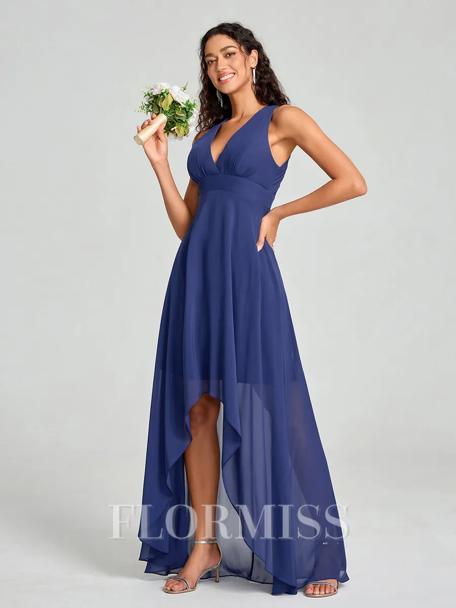 A-Line/Princess V-neck Asymmetrical Sleeveless Chiffon Bridesmaid Dress