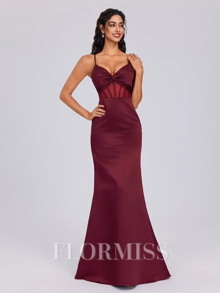 Sheath V-neck Pleated Floor-Length Satin Corset Bridesmaid Dress