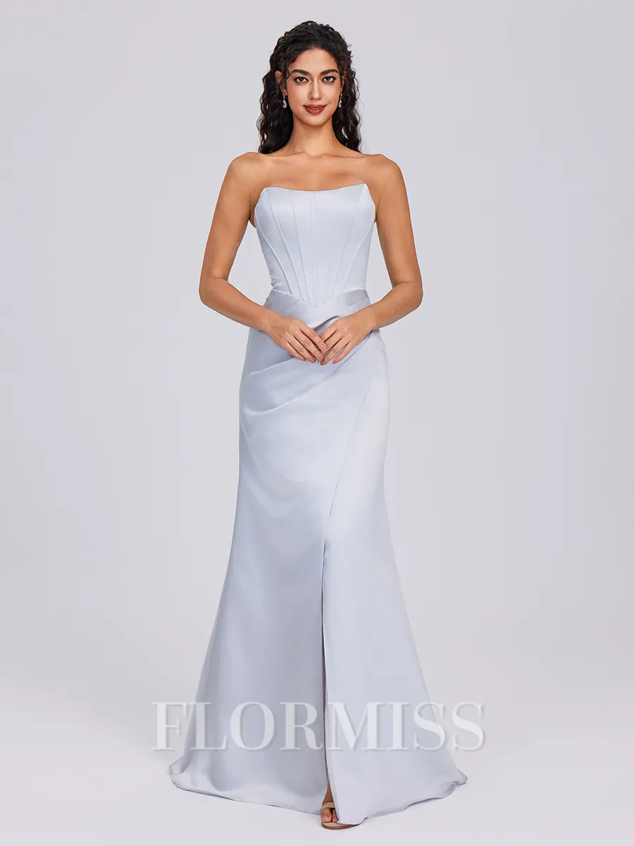 Sheath Straight Pleated Floor-Length Satin Corset Bridesmaid Dress