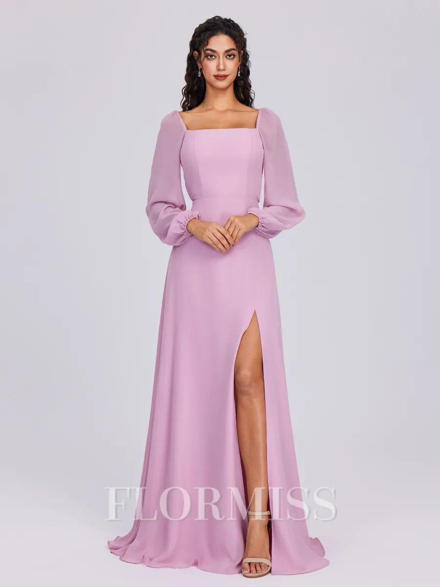 A-line Square Long Sleeves Bow Floor-Length Chiffon Bridesmaid Dress