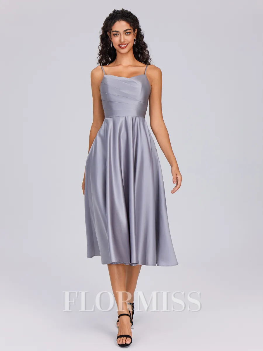 A-line Spaghetti Straps Pleated Tea-Length Satin Bridesmaid Dress