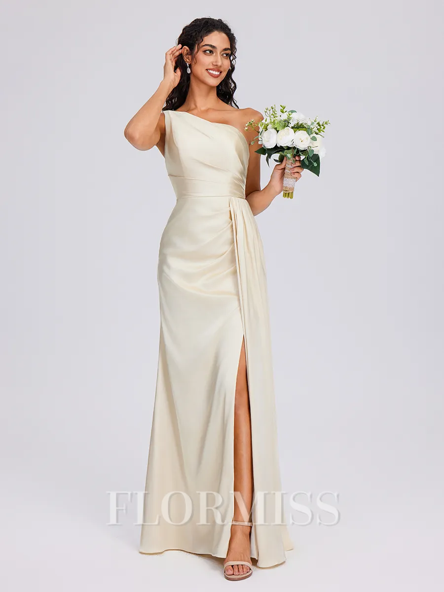 Sheath One-Shoulder Pleated Floor-Length Silk Like Satin Bridesmaid Dress