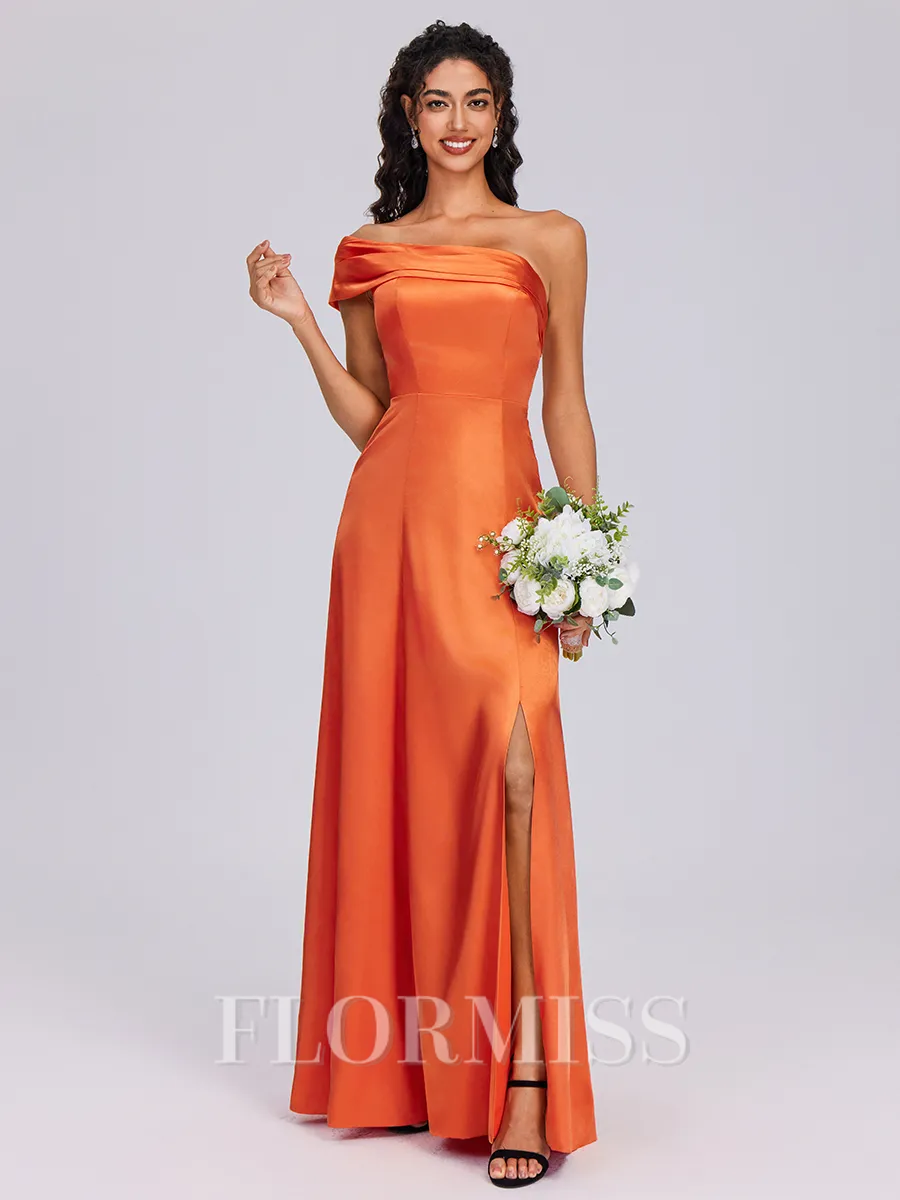 A-line One-Shoulder Pleated Floor-Length Silk Like Satin Bridesmaid Dress