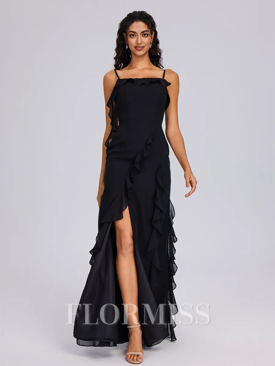 Sheath Spaghetti Straps Ruffles Floor-Length Chiffon Bridesmaid Dress