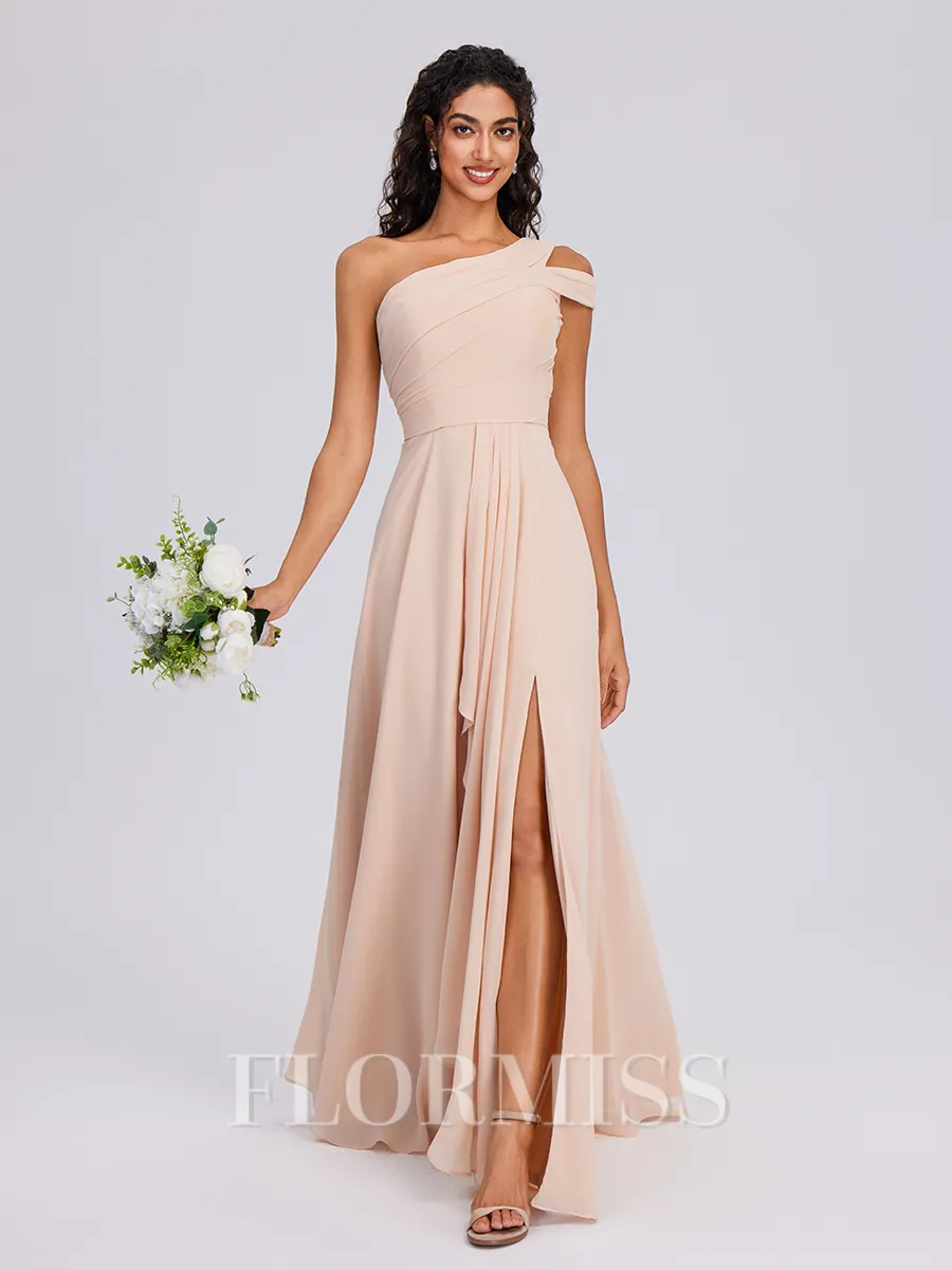 A-line One-Shoulder Pleated Floor-Length Chiffon Bridesmaid Dress