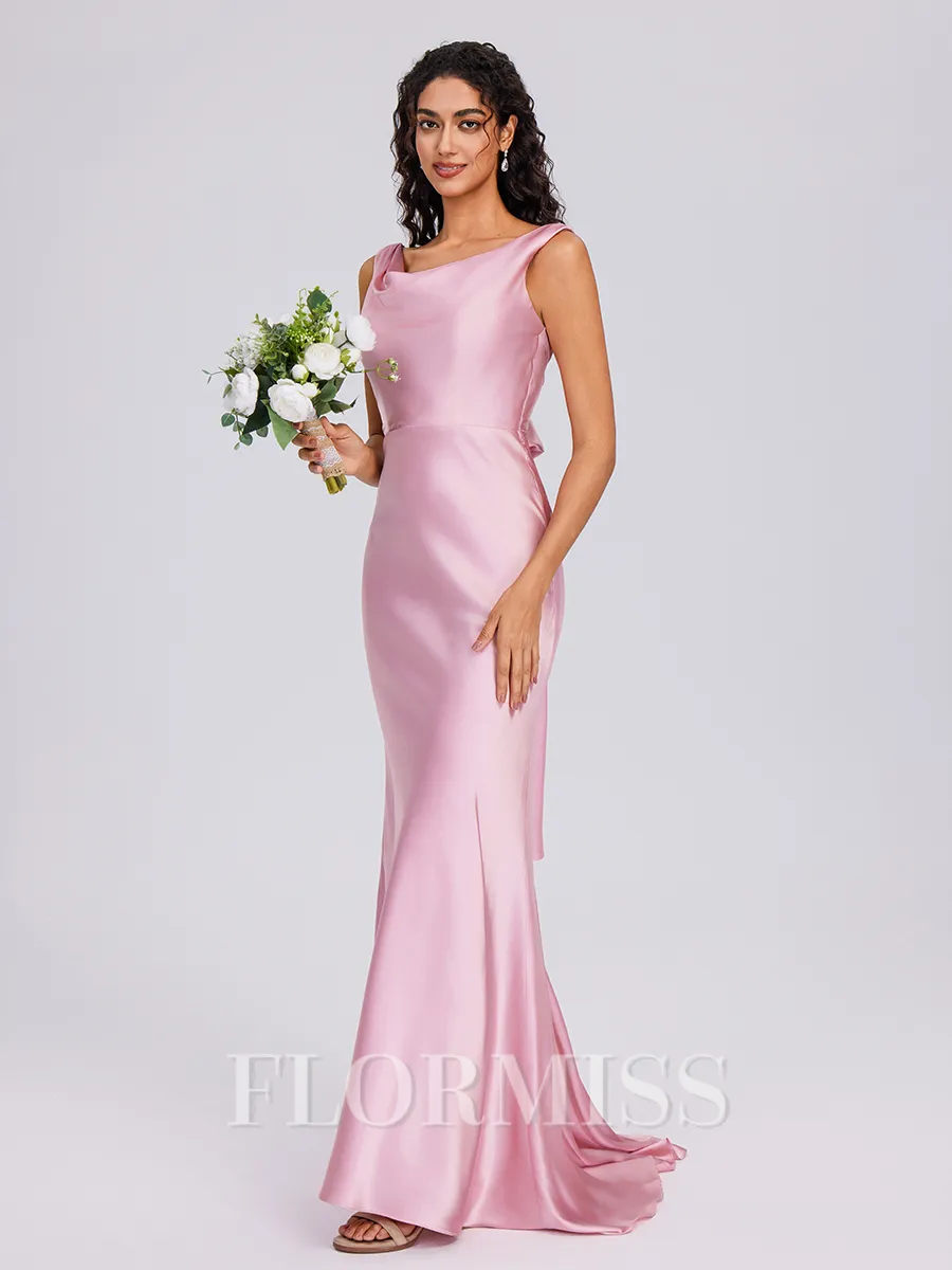 Sheath Cowl Bow Sweep Train Silk Like Satin Bridesmaid Dress