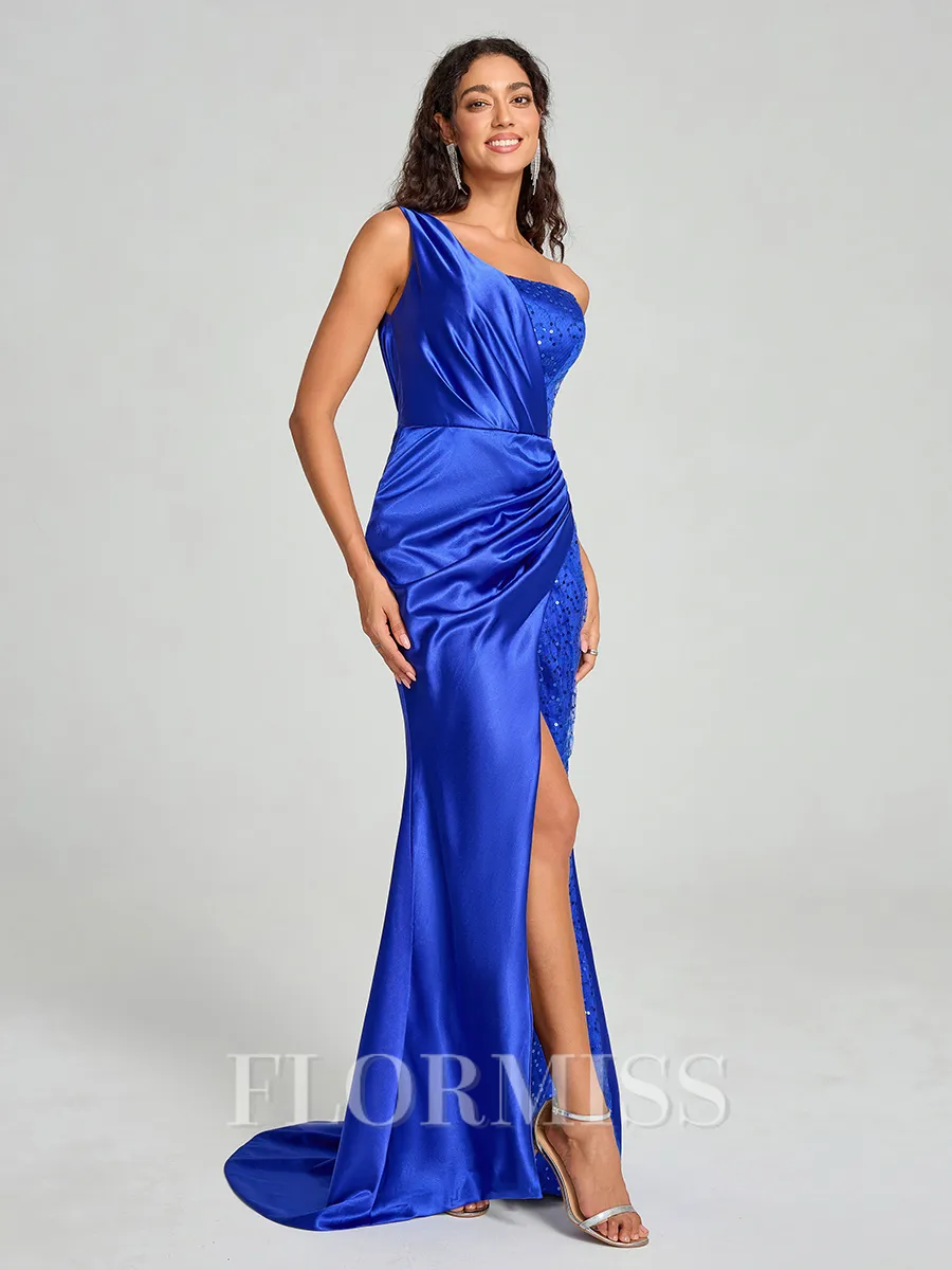 Sheath/Column One-Shoulder Sweep/Brush Train Sleeveless Silk Like Satin Bridesmaid Dress