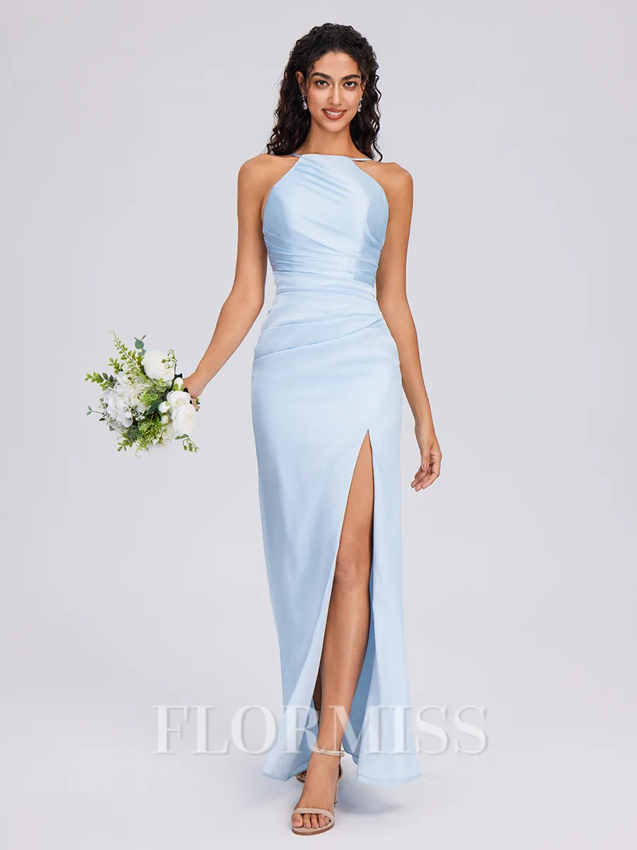 Sheath Halter Pleated Floor-Length Silk Like Satin Bridesmaid Dress