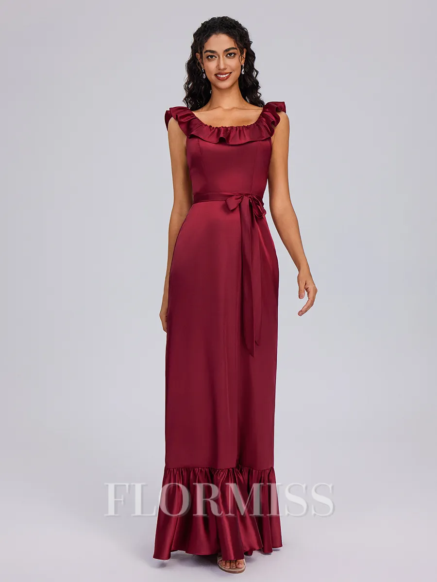 A-line Square Sash/Ribbon/Belt Floor-Length Silk Like Satin Bridesmaid Dress
