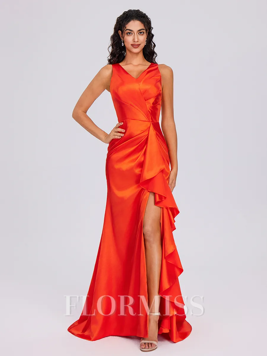 Sheath V-neck Pleated Sweep Train Silk Like Satin Bridesmaid Dress