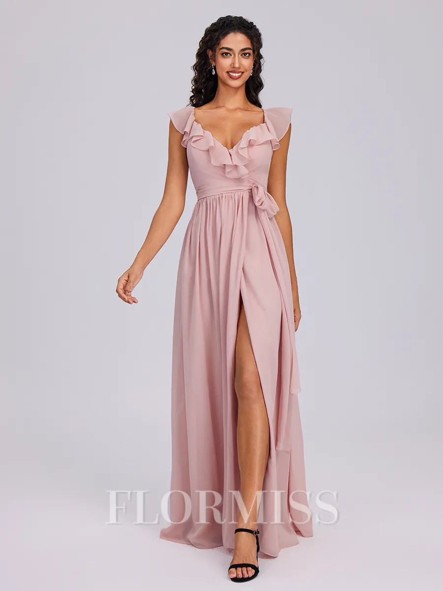 A-line V-neck Sash/Ribbon/Belt Floor-Length Chiffon Bridesmaid Dress