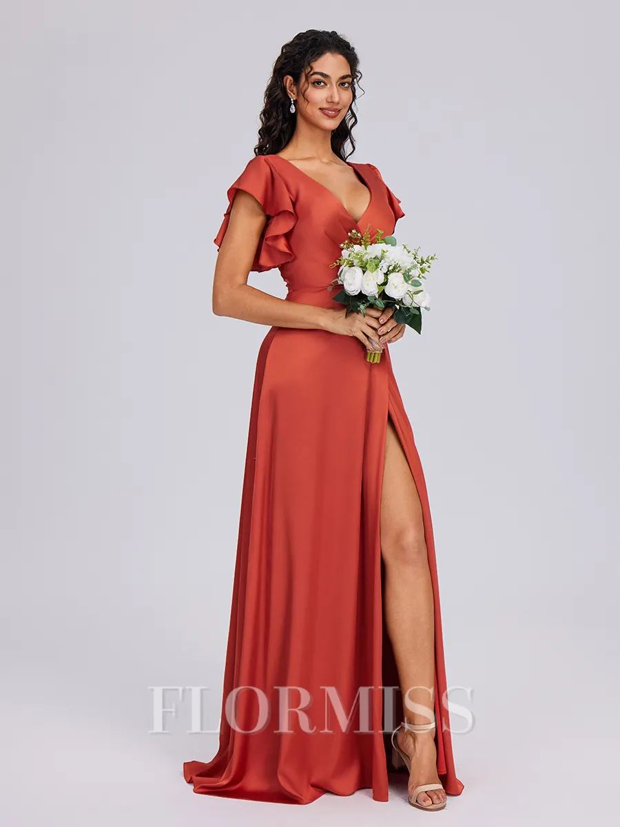 A-line V-neck Short Sleeves Pleated Floor-Length Silk Like Satin Bridesmaid Dress