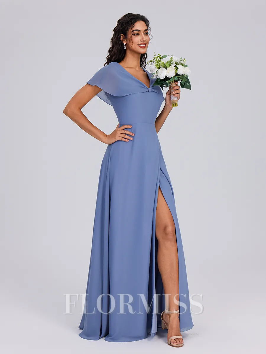 A-line V-neck Short Sleeves Pleated Floor-Length Chiffon Bridesmaid Dress