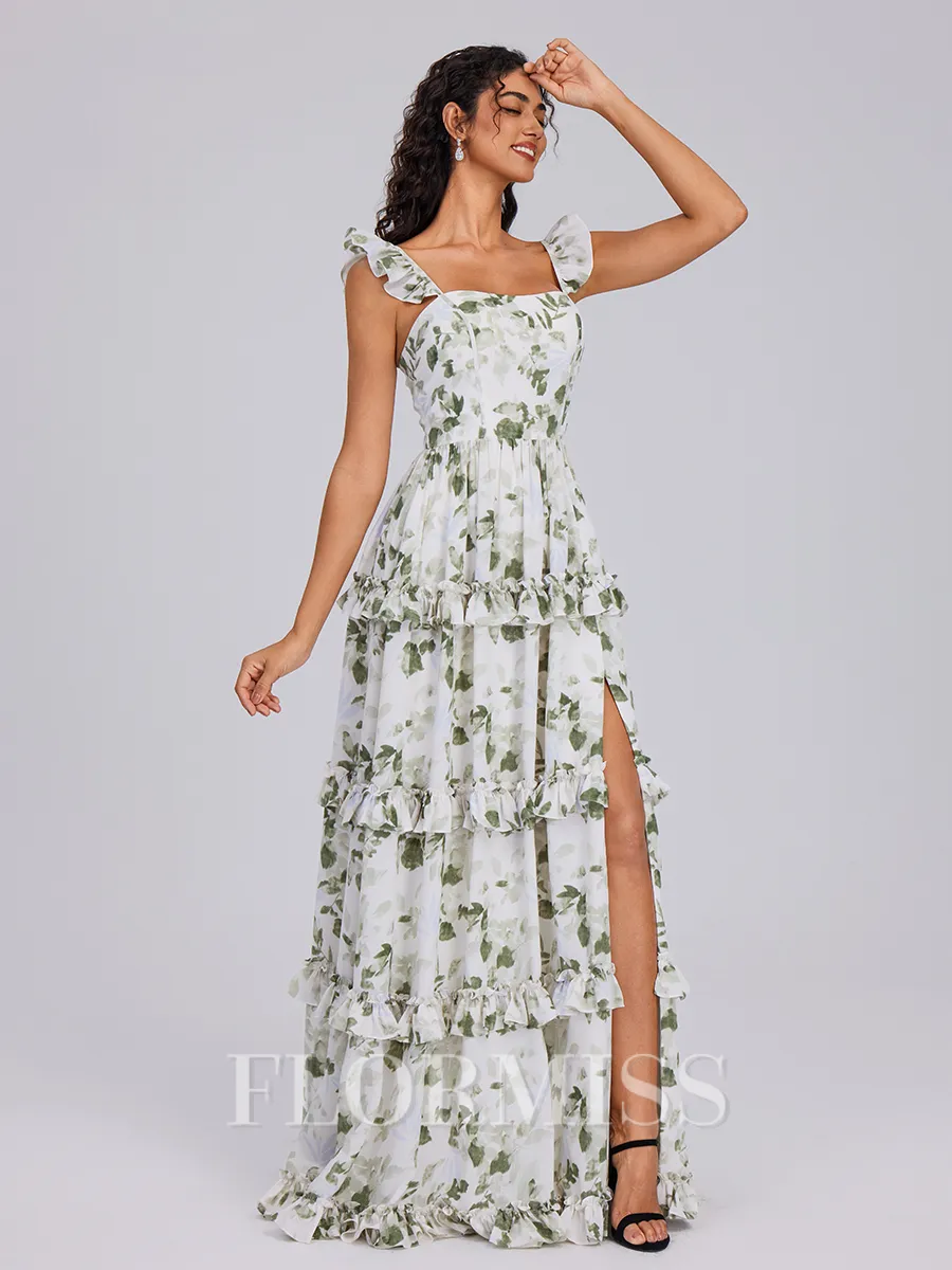 A-line Straps Cascading Ruffles Floor-Length Chiffon Bridesmaid Dress