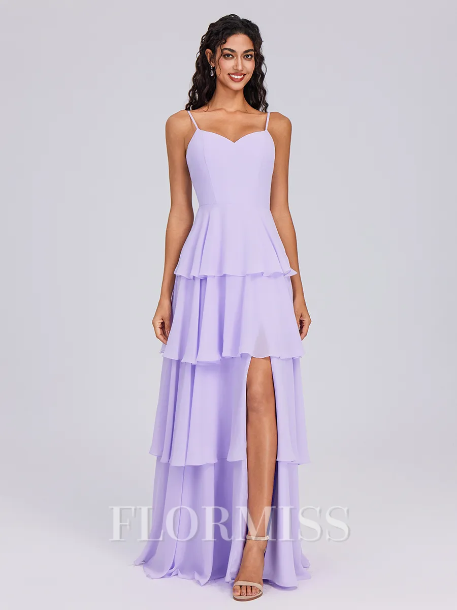 A-line Spaghetti Straps Cascading Ruffles Floor-Length Chiffon Bridesmaid Dress