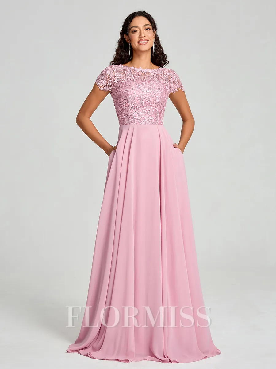 A-Line/Princess Scoop Floor-Length Short Sleeves Chiffon Bridesmaid Dress