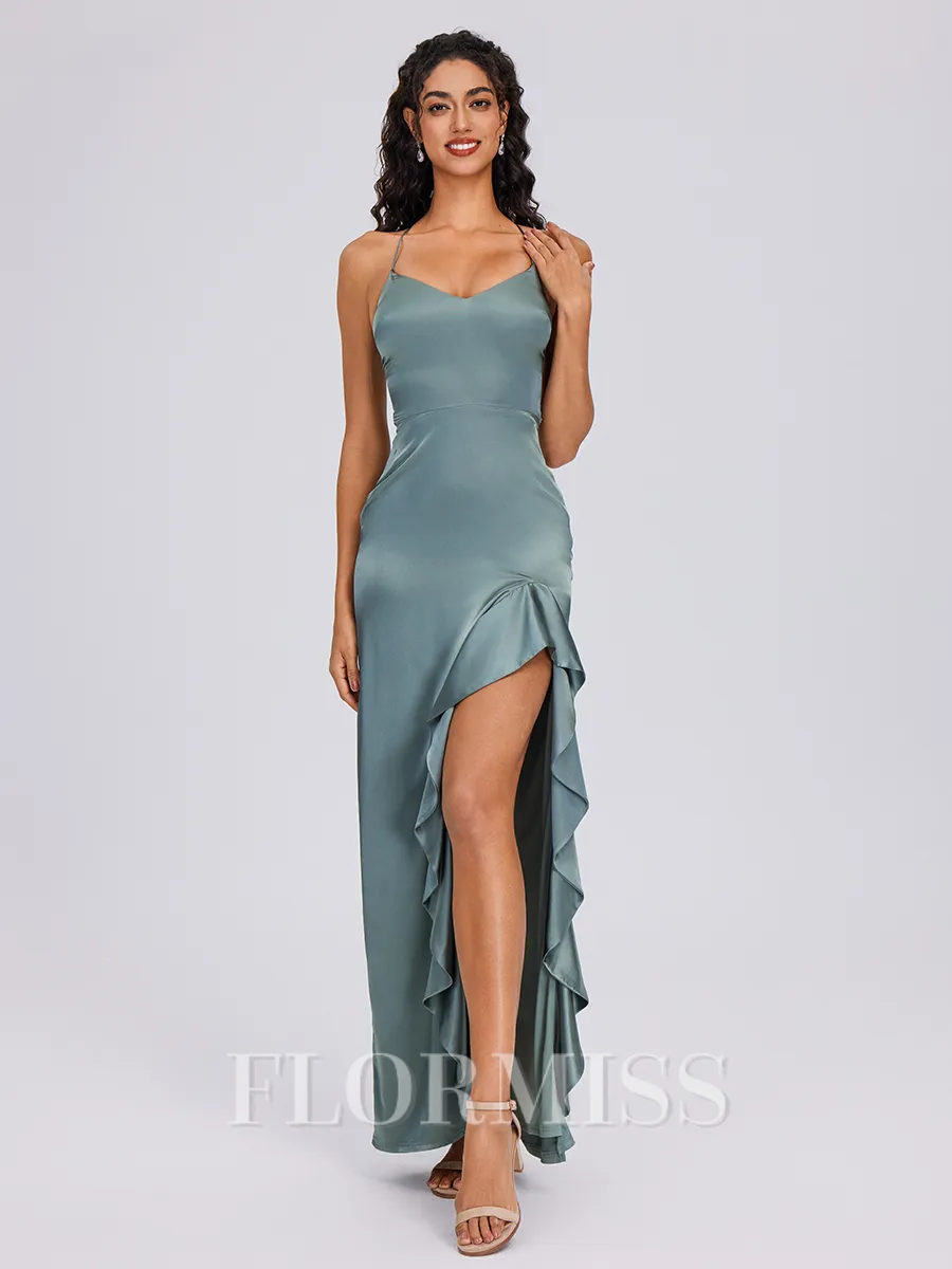 Sheath V-neck Ruffles Floor-Length Silk Like Satin Bridesmaid Dress