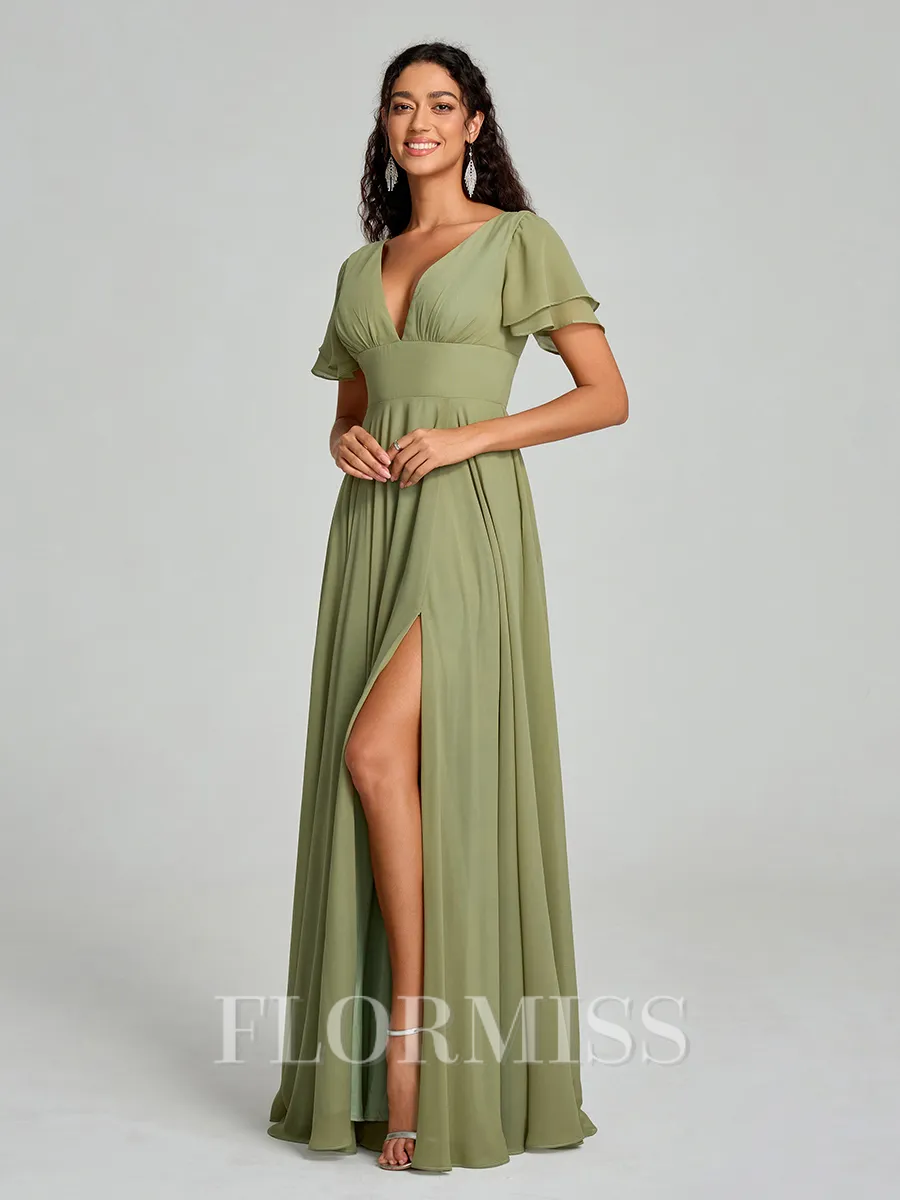 A-Line/Princess V-neck Floor-Length Short Sleeves Chiffon Bridesmaid Dress