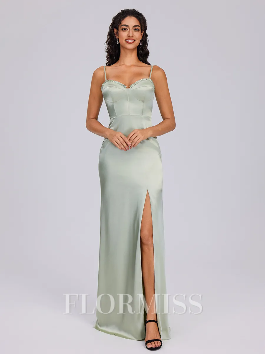 Sheath Spaghetti Straps Floor-Length Silk Like Satin Corset Bridesmaid Dress