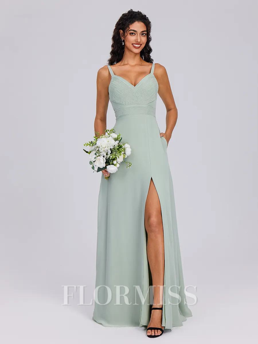 A-line V-neck Pleated Floor-Length Chiffon Bridesmaid Dress