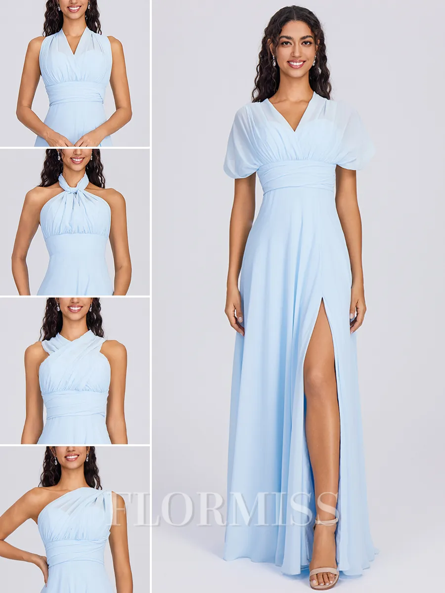 A-line Pleated Floor-Length Chiffon Convertible Bridesmaid Dress