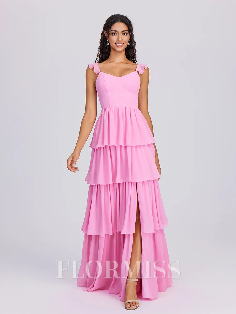 A-line Straps Cascading Ruffles Floor-Length Chiffon Bridesmaid Dress
