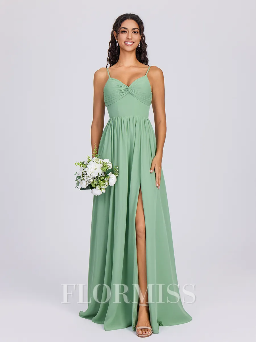 A-line V-neck Pleated Floor-Length Chiffon Bridesmaid Dress