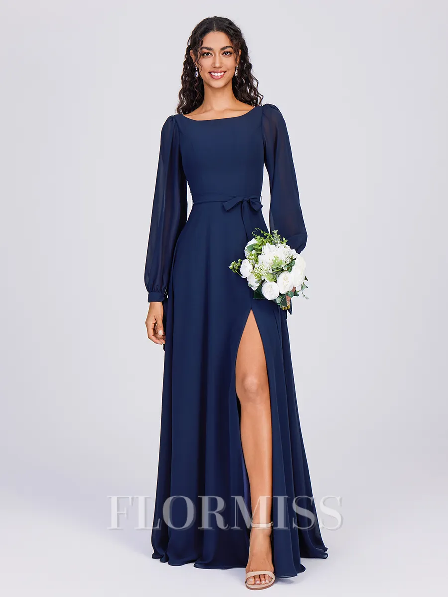 A-line Scoop Long Sleeves Sash/Ribbon/Belt Floor-Length Chiffon Bridesmaid Dress