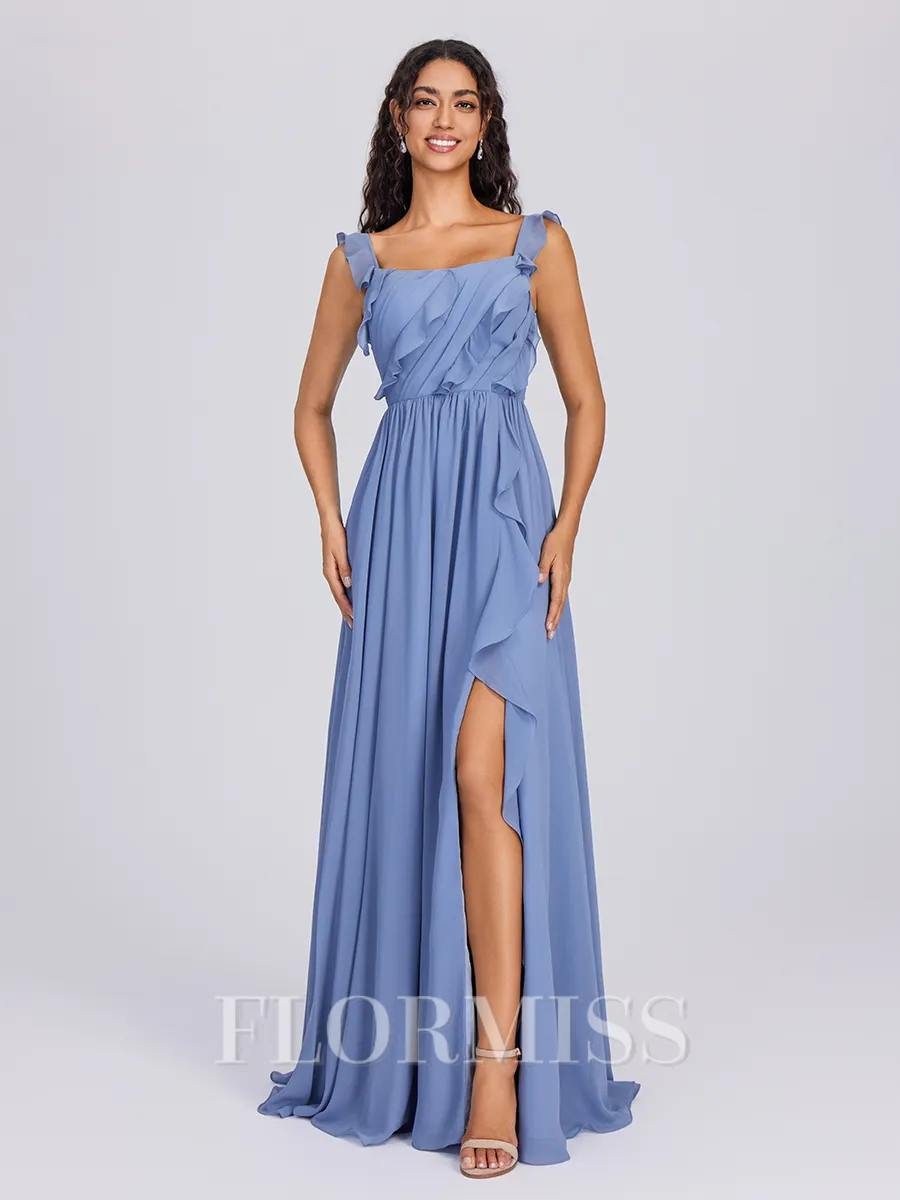 A-line Straps Ruffles Floor-Length Chiffon Bridesmaid Dress