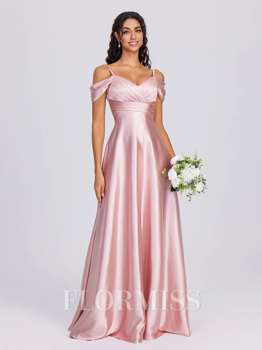 A-line Cold Shoulder Pleated Floor-Length Silk Like Satin Bridesmaid Dress
