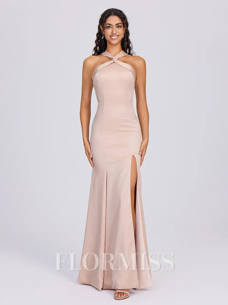 Sheath Halter Pleated Floor-Length Charmeuse Bridesmaid Dress