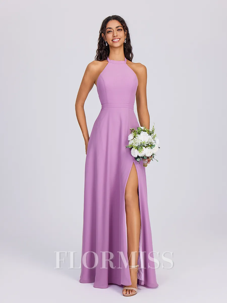 A-line Halter Floor-Length Chiffon Bridesmaid Dress