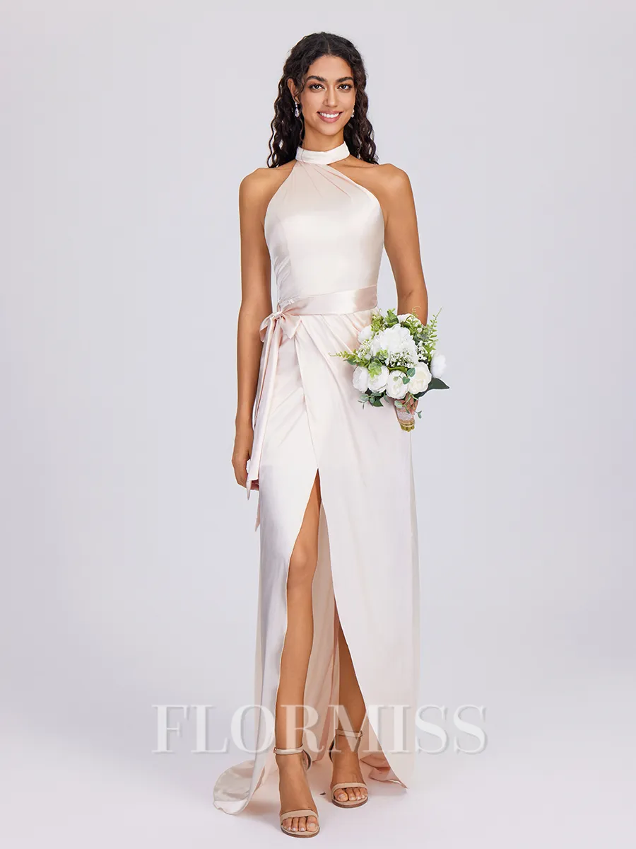 Sheath Halter Sash/Ribbon/Belt Sweep Train Silk Like Satin Bridesmaid Dress