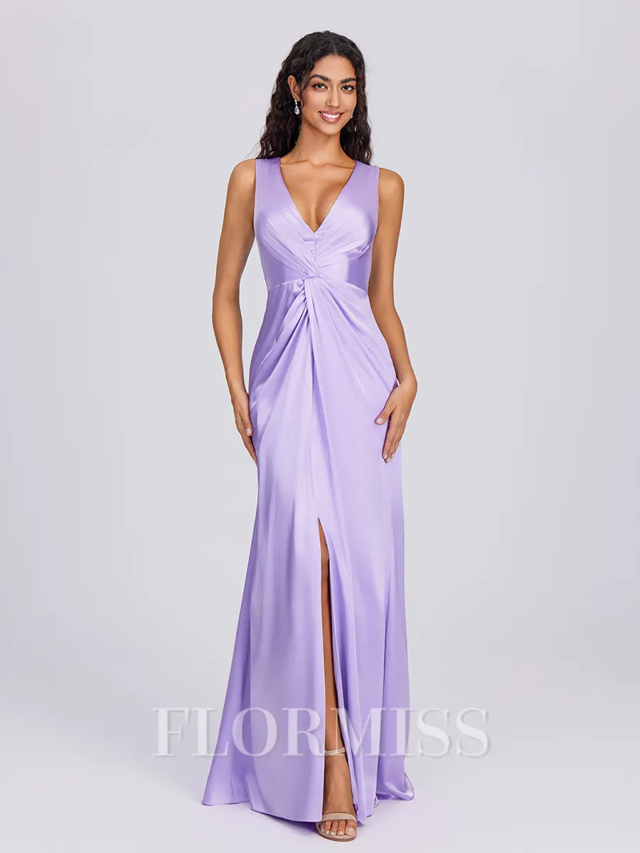Sheath V-neck Pleated Floor-Length Silk Like Satin Bridesmaid Dress