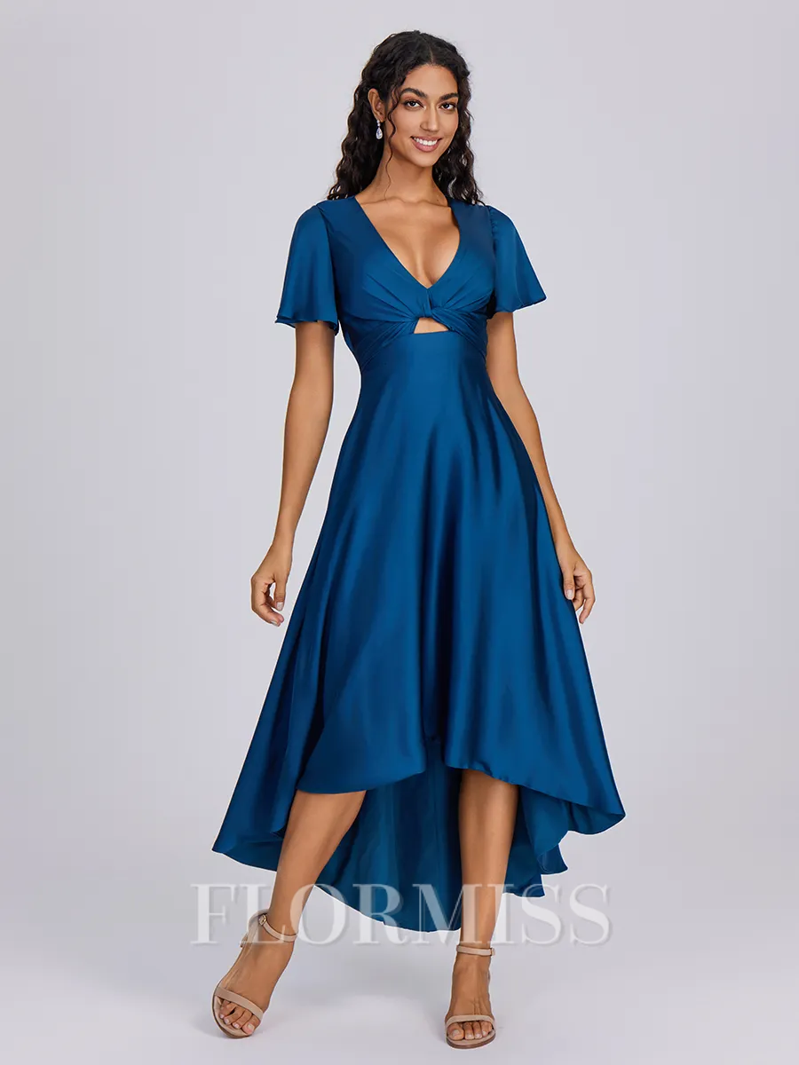A-line V-neck Short Sleeves Pleated Asymmetrical Satin Chiffon Convertible Bridesmaid Dress