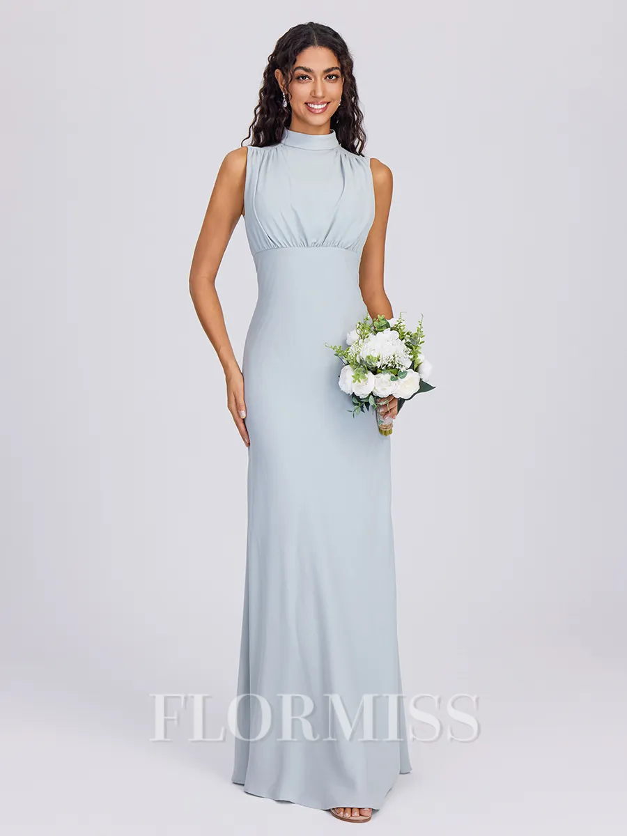 Sheath High Neck Pleated Floor-Length Bridesmaid Dress