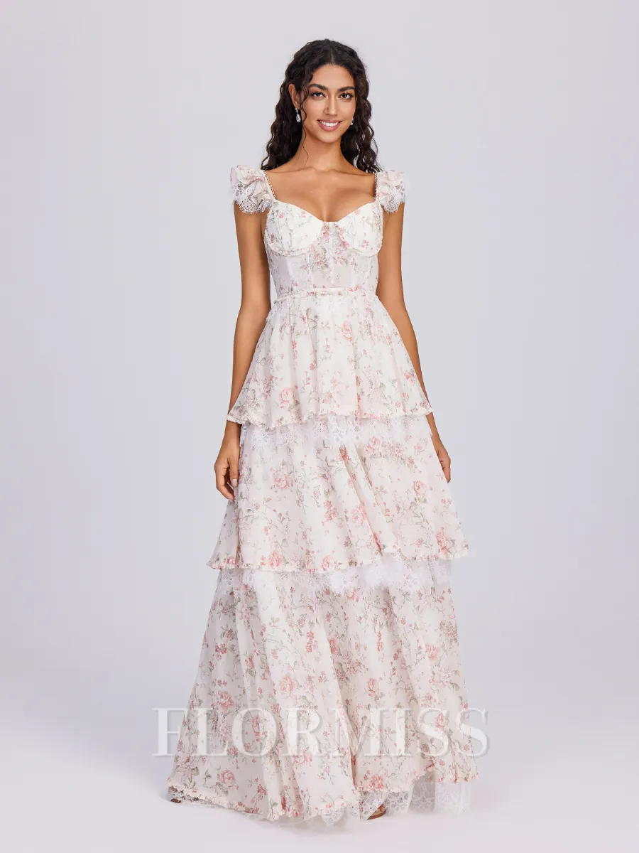 A-line Square Cascading Ruffles Floor-Length Corset Bridesmaid Dress